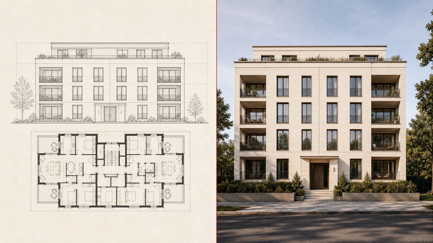 Architekturplan und daraus entwickeltes Vermarktungsbild