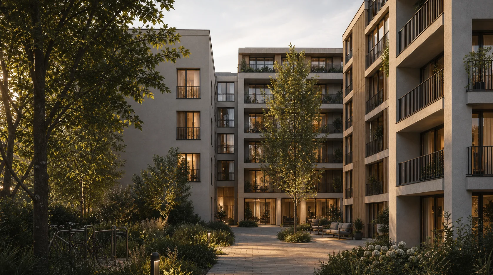 Visualisierung eines modernen Wohnquartiers mit begrüntem Innenhof