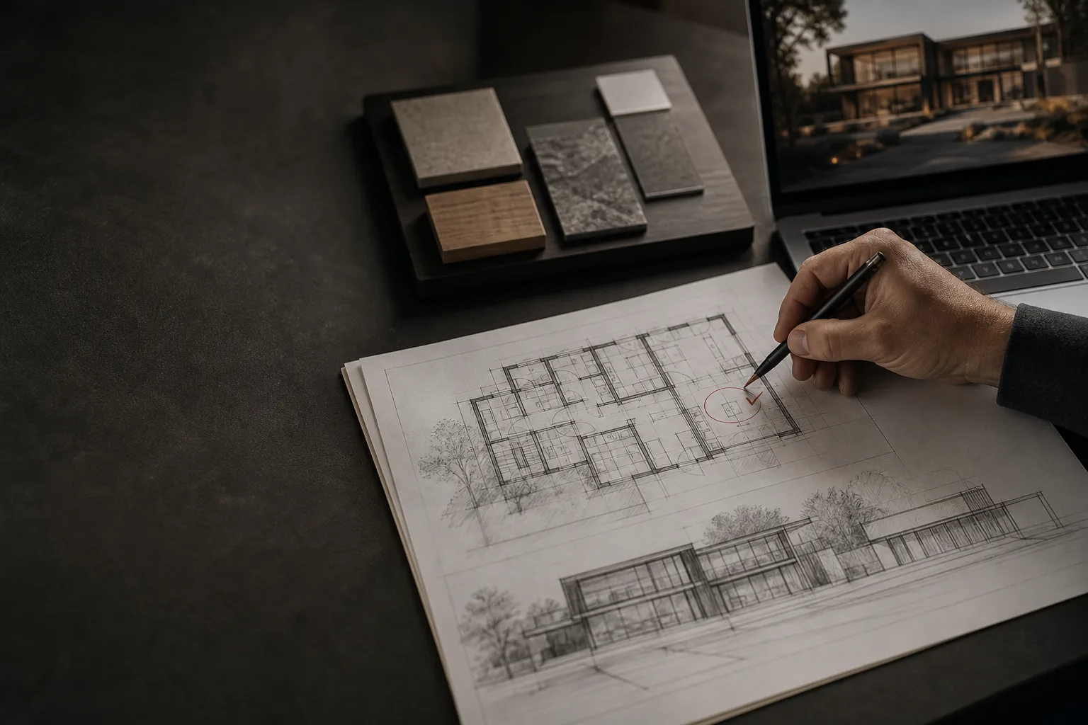 Architekt prüft einen Grundriss mit Stift, Materialproben und einer Visualisierung am Laptop